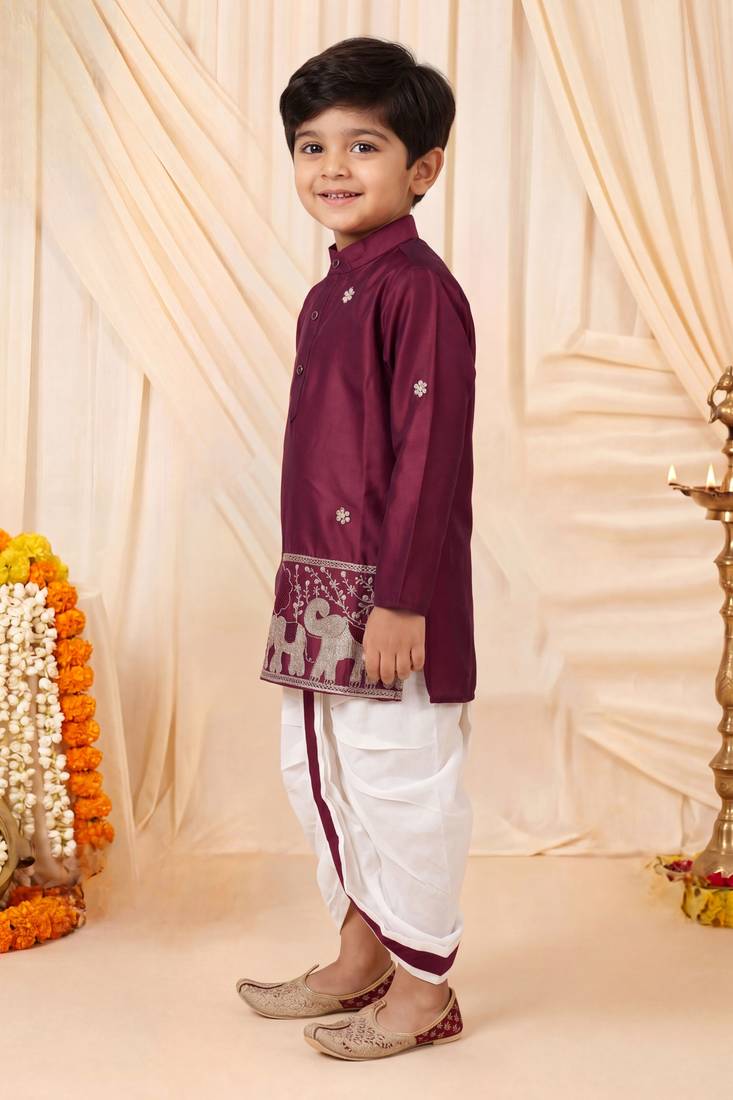 Boys wine satin elephant border embroidered & beaded kurta dhoti set