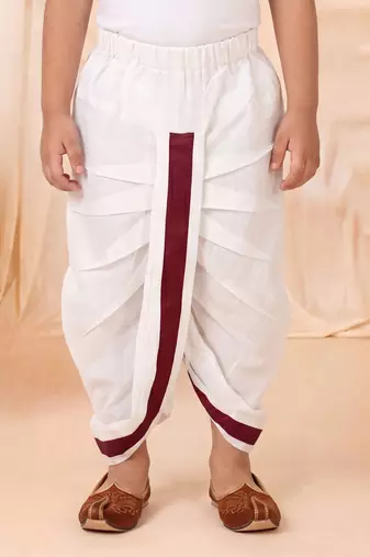 Boys wine satin elephant border embroidered & beaded kurta dhoti set