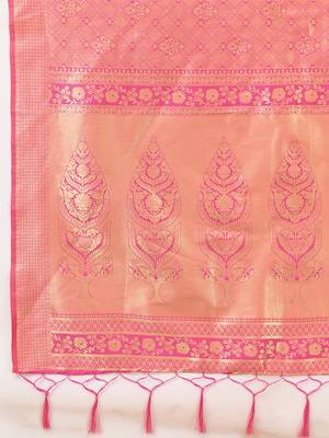 Pink Jaquard Silk Woven Zari Work Traditional Saree With Unstitch Blouse Piece 7