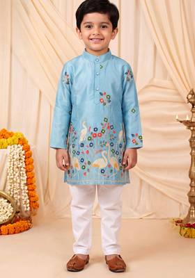 Boys sky blue satin flamingo bird & floral embroidered kurta pyjama set 1