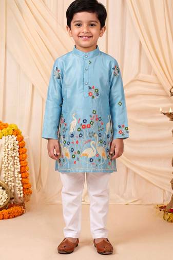 Boys sky blue satin flamingo bird & floral embroidered kurta pyjama set