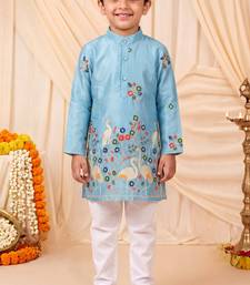 Boys sky blue satin flamingo bird & floral embroidered kurta pyjama set