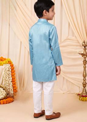 Boys sky blue satin flamingo bird & floral embroidered kurta pyjama set 2
