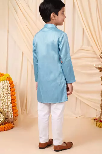 Boys sky blue satin flamingo bird & floral embroidered kurta pyjama set