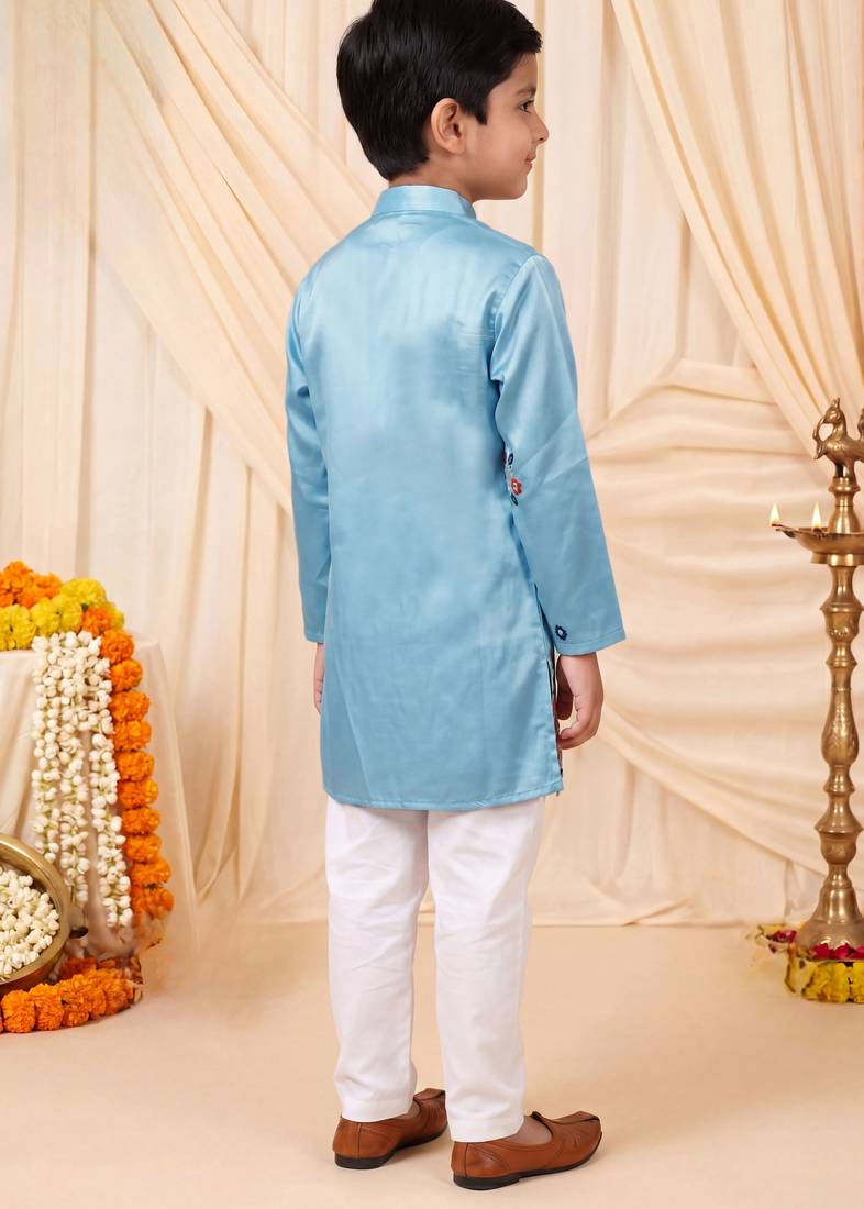 Boys sky blue satin flamingo bird & floral embroidered kurta pyjama set