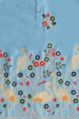 Boys sky blue satin flamingo bird & floral embroidered kurta pyjama set 3