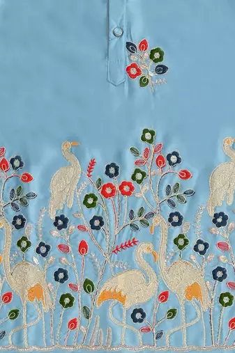 Boys sky blue satin flamingo bird & floral embroidered kurta pyjama set