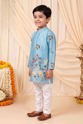 Boys sky blue satin flamingo bird & floral embroidered kurta pyjama set 4