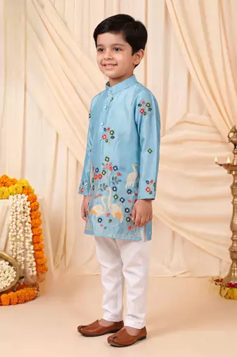 Boys sky blue satin flamingo bird & floral embroidered kurta pyjama set