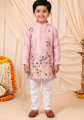 Boys light pink satin flamingo bird & floral embroidered kurta pyjama set 1