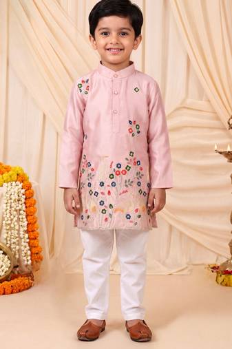 Boys light pink satin flamingo bird & floral embroidered kurta pyjama set