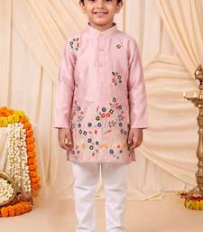 Boys light pink satin flamingo bird & floral embroidered kurta pyjama set