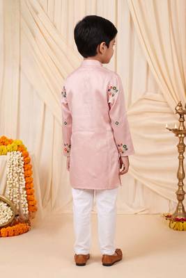 Boys light pink satin flamingo bird & floral embroidered kurta pyjama set 2