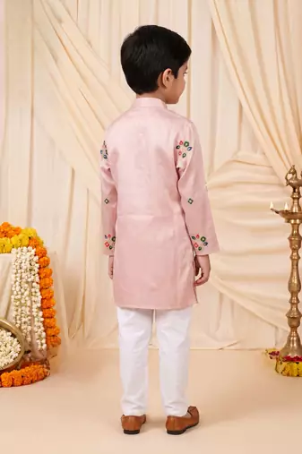 Boys light pink satin flamingo bird & floral embroidered kurta pyjama set