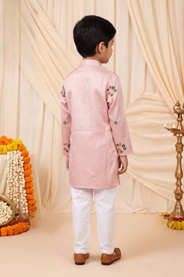 Boys light pink satin flamingo bird & floral embroidered kurta pyjama set