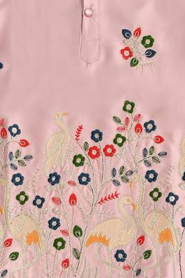 Boys light pink satin flamingo bird & floral embroidered kurta pyjama set 3