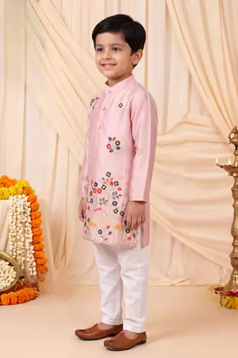 Boys light pink satin flamingo bird & floral embroidered kurta pyjama set