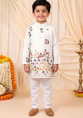 Boys white satin flamingo bird & floral embroidered kurta pyjama set 1