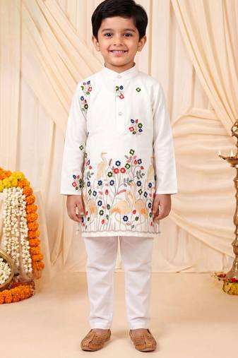 Boys white satin flamingo bird & floral embroidered kurta pyjama set