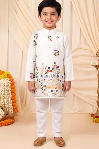 Boys white satin flamingo bird & floral embroidered kurta pyjama set