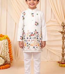 Boys white satin flamingo bird & floral embroidered kurta pyjama set