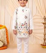 Boys white satin flamingo bird & floral embroidered kurta pyjama set