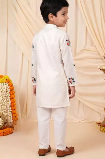 Boys white satin flamingo bird & floral embroidered kurta pyjama set