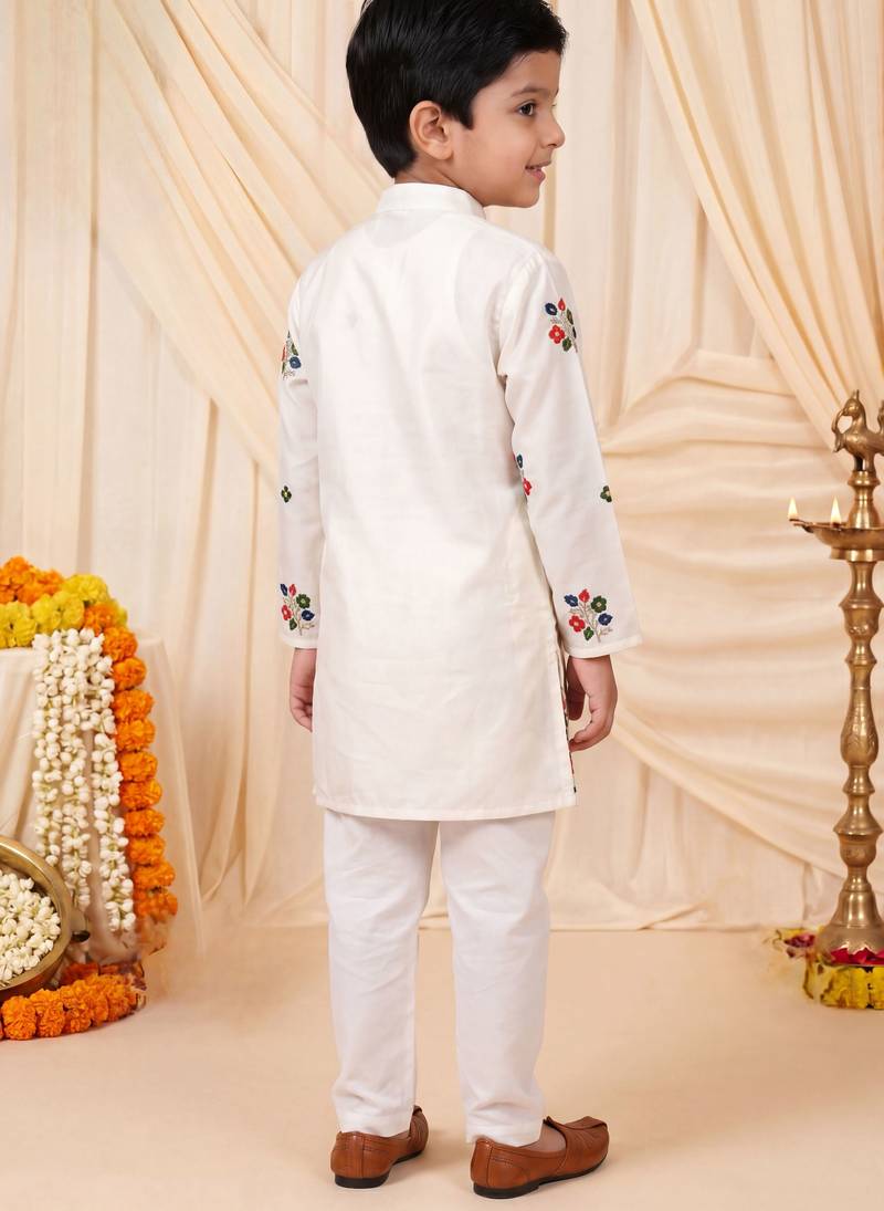 Boys white satin flamingo bird & floral embroidered kurta pyjama set