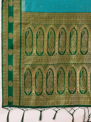 Green Blue Jacquard Silk Woven Zari Work Rich Pallu Traditional Saree With Unstitch Blose Piece 6