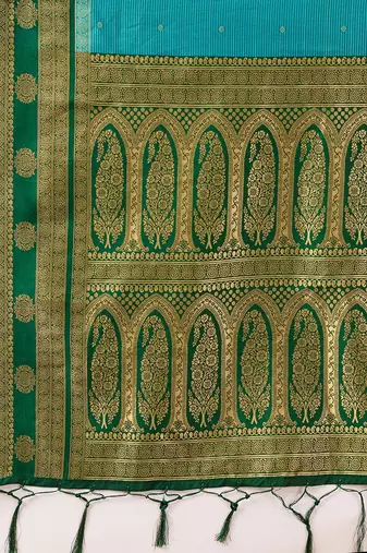 Green Blue Jacquard Silk Woven Zari Work Rich Pallu Traditional Saree With Unstitch Blose Piece