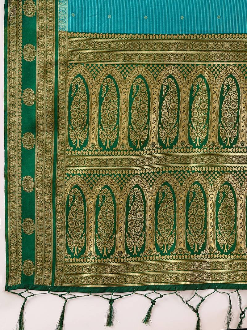 Green Blue Jacquard Silk Woven Zari Work Rich Pallu Traditional Saree With Unstitch Blose Piece