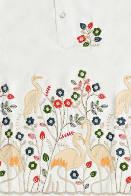 Boys white satin flamingo bird & floral embroidered kurta pyjama set 3