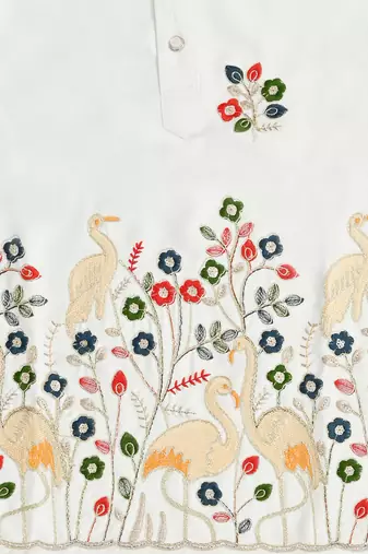 Boys white satin flamingo bird & floral embroidered kurta pyjama set