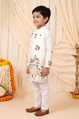 Boys white satin flamingo bird & floral embroidered kurta pyjama set