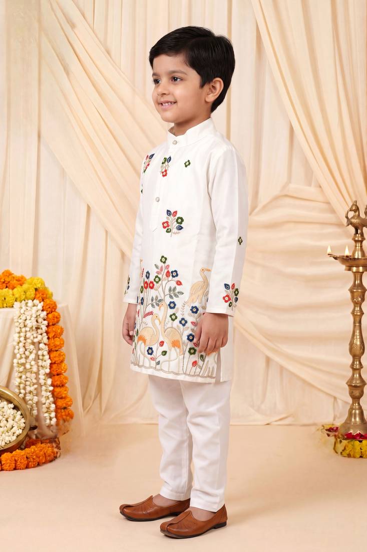 Boys white satin flamingo bird & floral embroidered kurta pyjama set