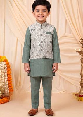Boys sage green pure cotton heritage motif jacquard waistcoat with kurta & trouser set 1