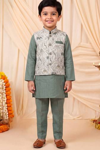 Boys sage green pure cotton heritage motif jacquard waistcoat with kurta & trouser set