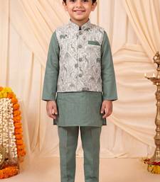 Boys sage green pure cotton heritage motif jacquard waistcoat with kurta & trouser set