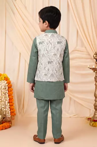 Boys sage green pure cotton heritage motif jacquard waistcoat with kurta & trouser set
