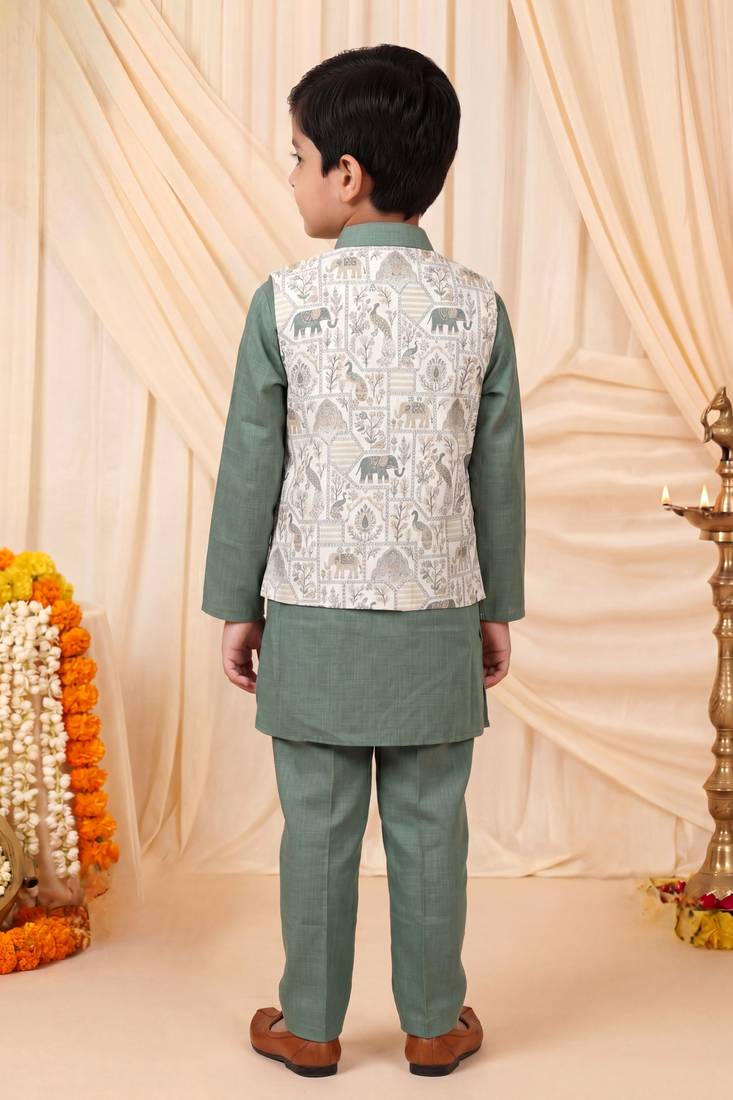 Boys sage green pure cotton heritage motif jacquard waistcoat with kurta & trouser set