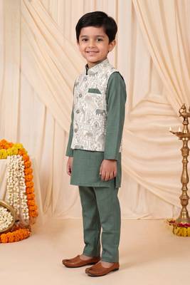 Boys sage green pure cotton heritage motif jacquard waistcoat with kurta & trouser set 4