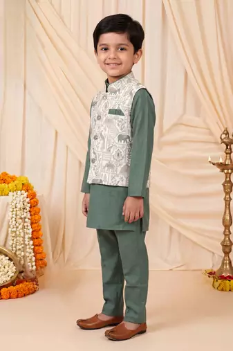 Boys sage green pure cotton heritage motif jacquard waistcoat with kurta & trouser set