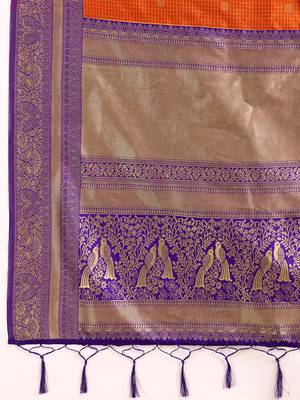 Orange Purple Jacquard Silk Woven Zari Work Rich Pallu Traditional Saree With Unstitch Blose Piece 6