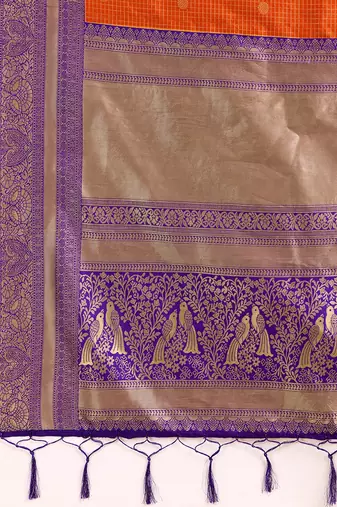Orange Purple Jacquard Silk Woven Zari Work Rich Pallu Traditional Saree With Unstitch Blose Piece