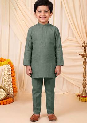 Boys sage green pure cotton heritage motif jacquard waistcoat with kurta & trouser set 5