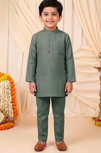 Boys sage green pure cotton heritage motif jacquard waistcoat with kurta & trouser set