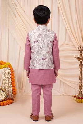 Boys dusty pink pure cotton heritage motif jacquard waistcoat with kurta & trouser set 2