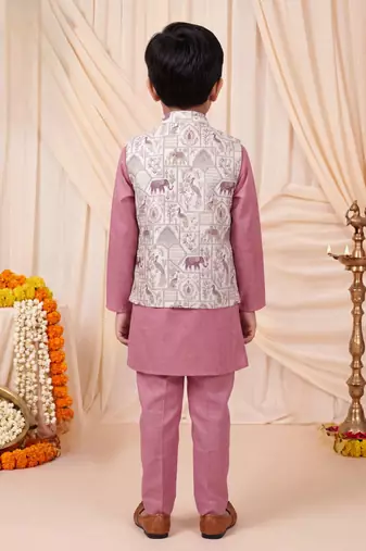 Boys dusty pink pure cotton heritage motif jacquard waistcoat with kurta & trouser set