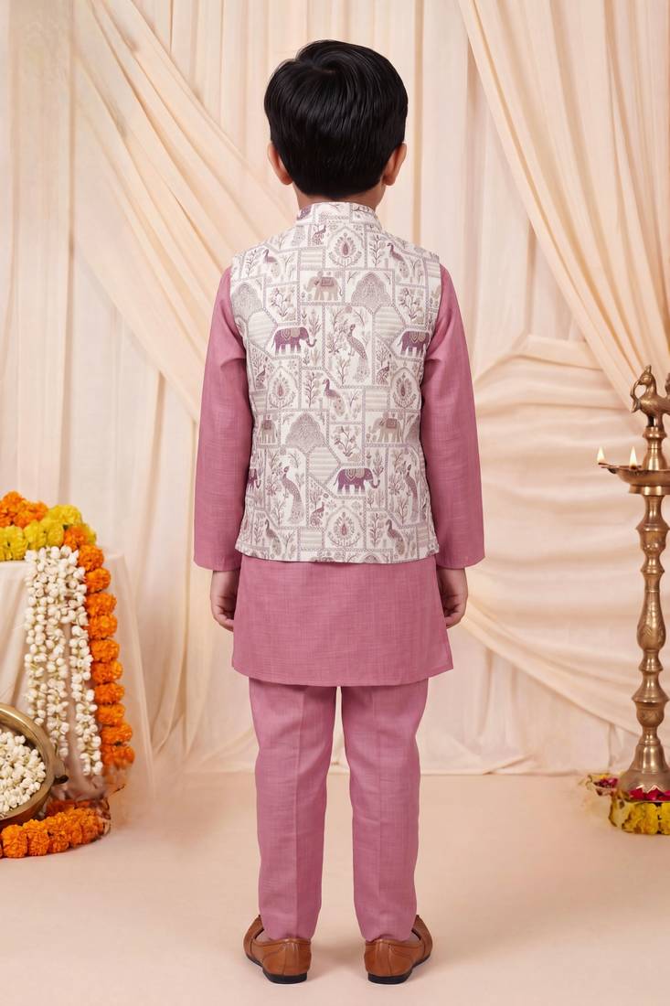 Boys dusty pink pure cotton heritage motif jacquard waistcoat with kurta & trouser set