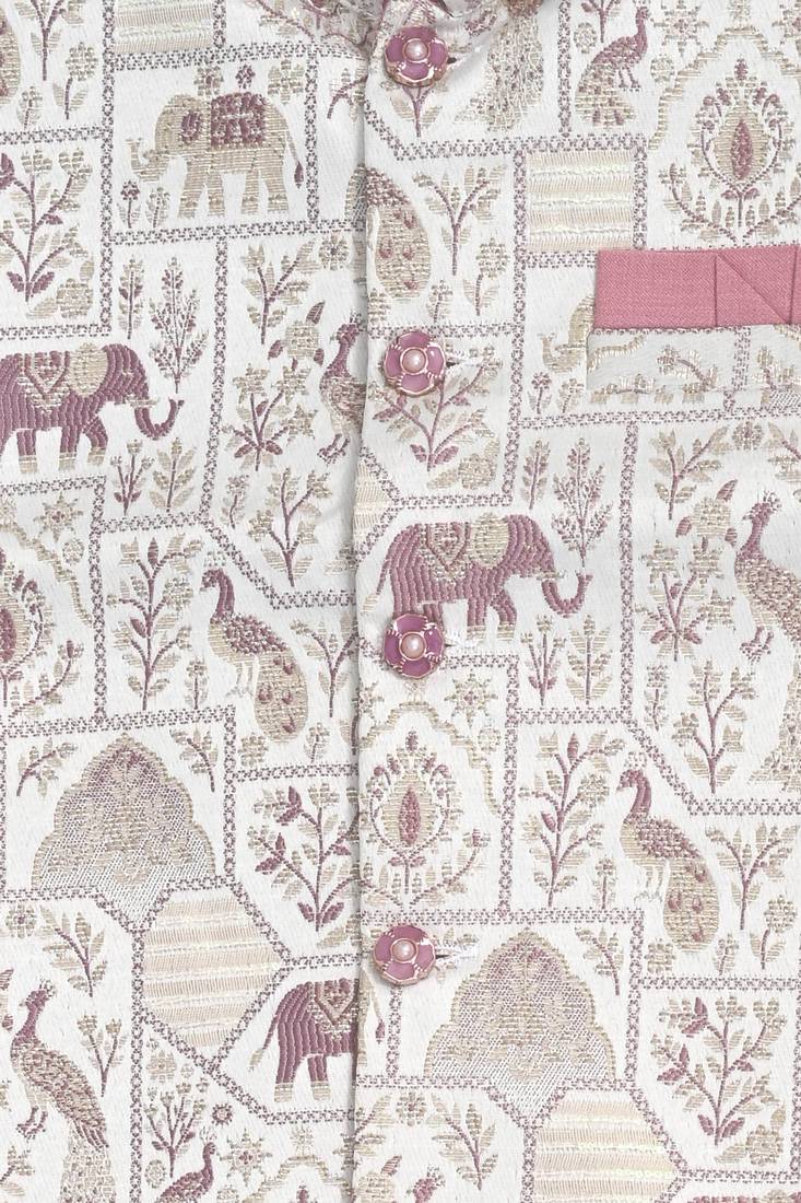 Boys dusty pink pure cotton heritage motif jacquard waistcoat with kurta & trouser set